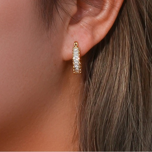 ◾️18K Gold Plated Marquis 3A CZ Crystal Hoop Earrings - Picture 8 of 13